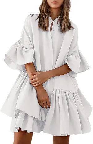 Women Tie Front Elastic Waist Tiered Ruffle Layer Floral Balloon Long Sleeve V Neck Dress Casual Skirts for Women