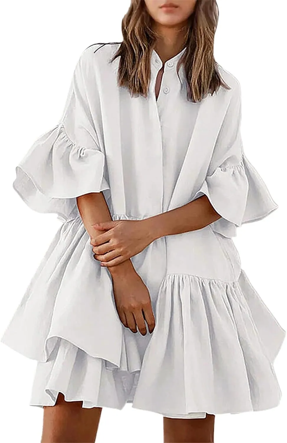 Women Tie Front Elastic Waist Tiered Ruffle Layer Floral Balloon Long Sleeve V Neck Dress Casual Skirts for Women