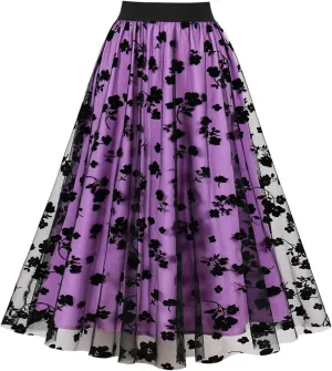 Women Tutu Tulle Skirt Elastic High Waist Layered Skirt Floral Print Mesh A-Line Midi Skirt Vintage Pleated Skirts