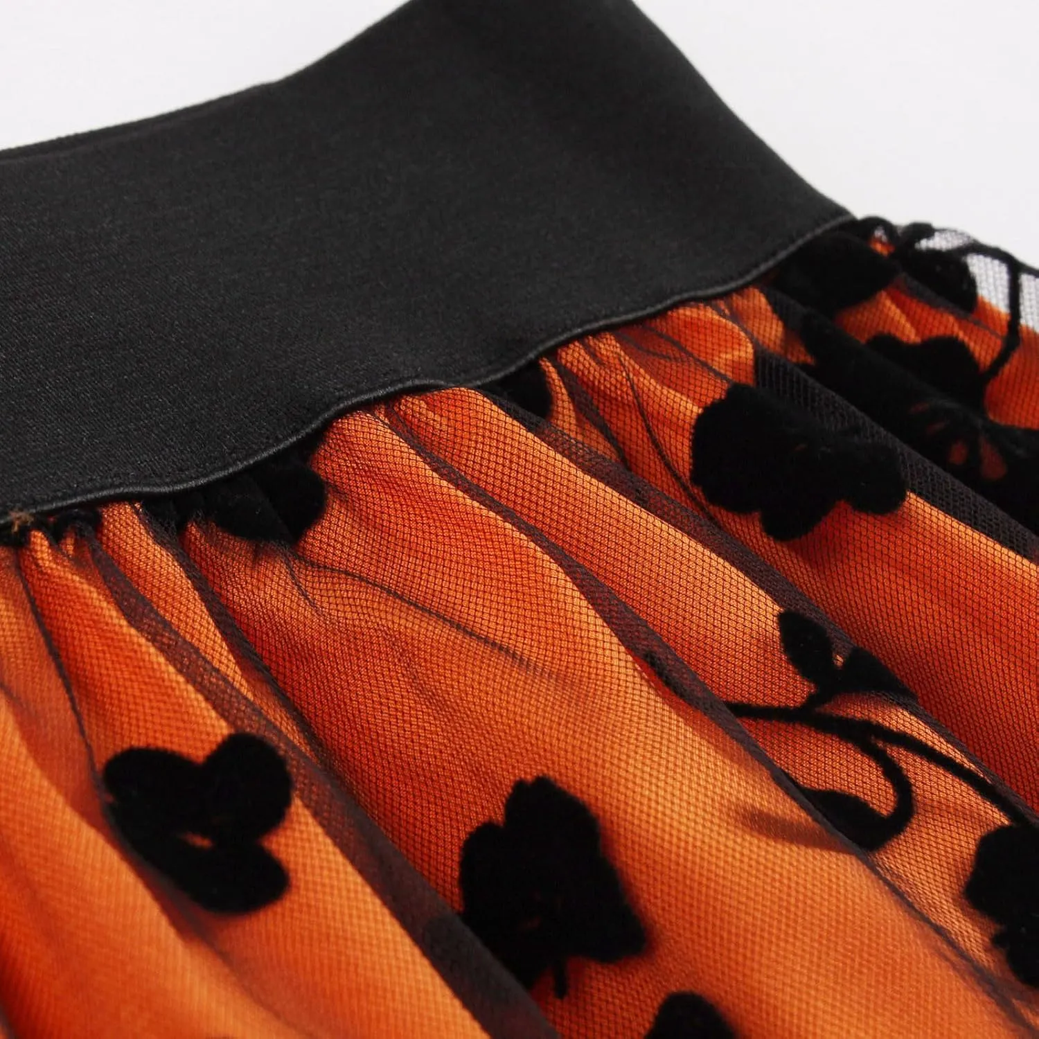 Women Tutu Tulle Skirt Elastic High Waist Layered Skirt Floral Print Mesh A-Line Midi Skirt Vintage Pleated Skirts
