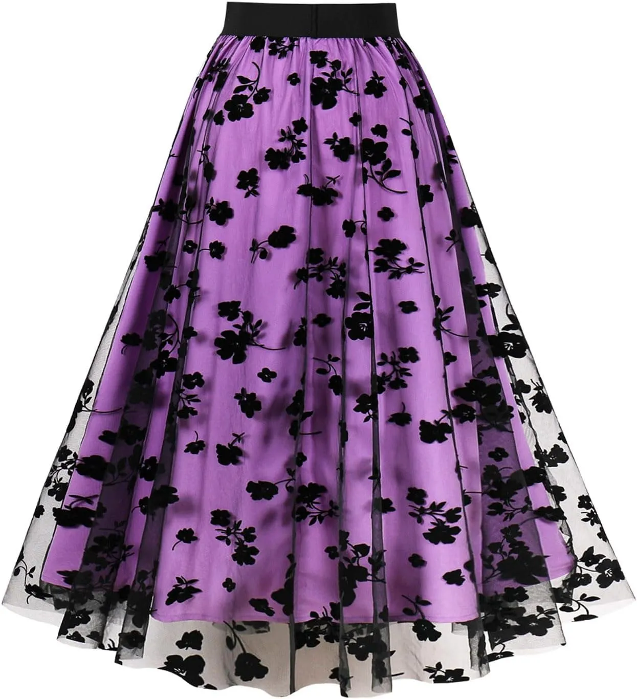 Women Tutu Tulle Skirt Elastic High Waist Layered Skirt Floral Print Mesh A-Line Midi Skirt Vintage Pleated Skirts