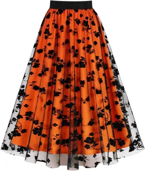 Women Tutu Tulle Skirt Elastic High Waist Layered Skirt Floral Print Mesh A-Line Midi Skirt Vintage Pleated Skirts