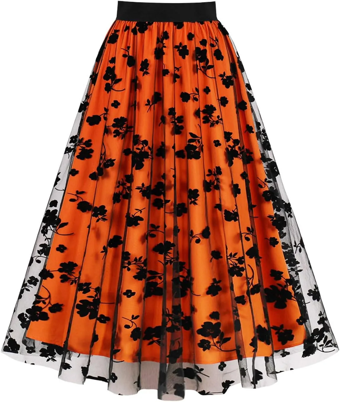 Women Tutu Tulle Skirt Elastic High Waist Layered Skirt Floral Print Mesh A-Line Midi Skirt Vintage Pleated Skirts