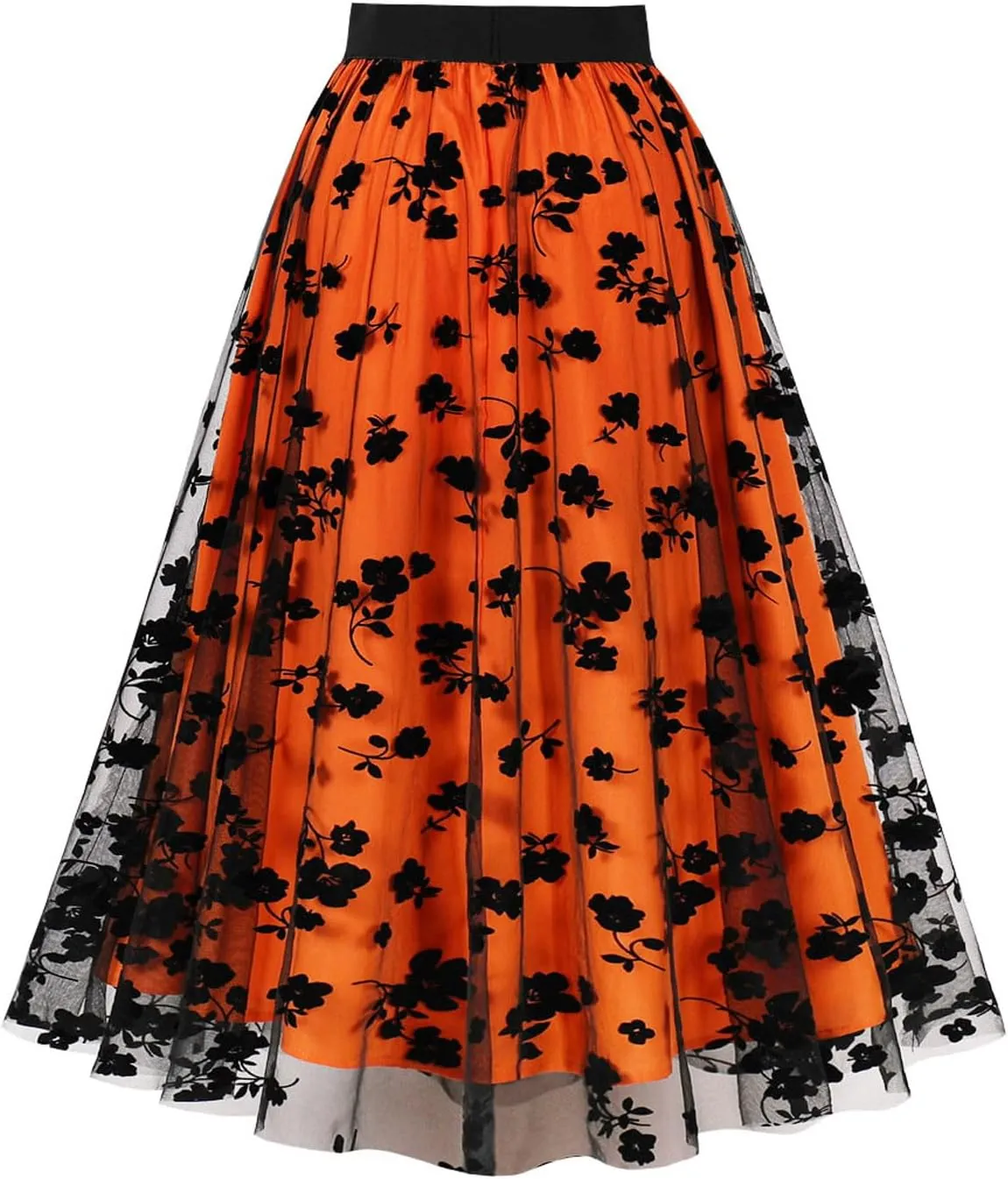 Women Tutu Tulle Skirt Elastic High Waist Layered Skirt Floral Print Mesh A-Line Midi Skirt Vintage Pleated Skirts