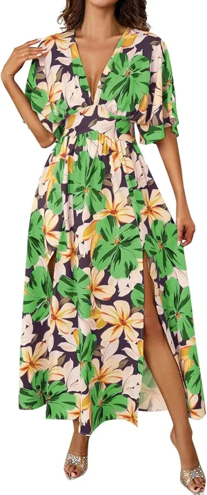 Women V Neck Summer Dress 2025 Long Sleeve Swiss Dot Boho Flowy Ruffle Slit Beach Party Long Maxi Ruffle Dresses