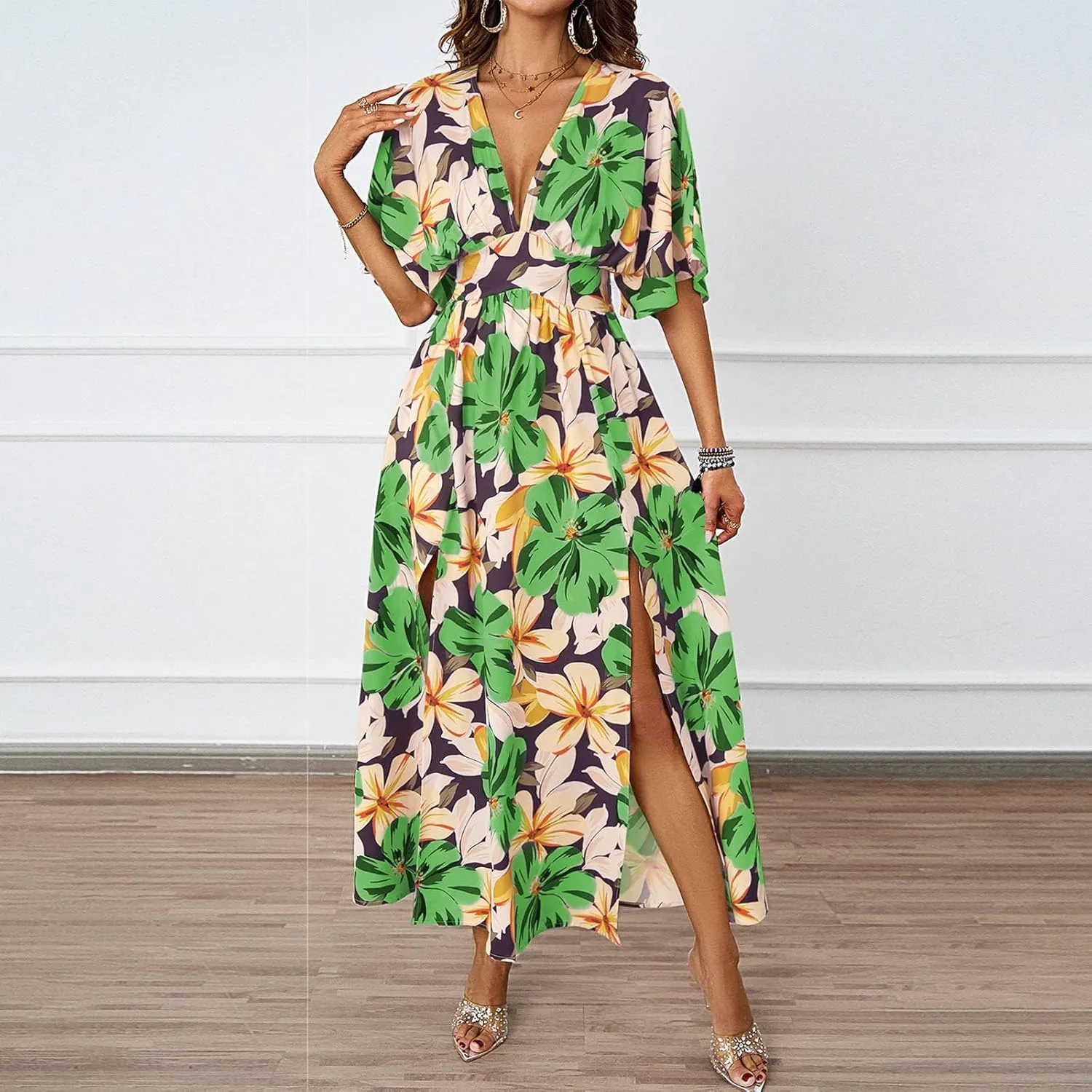 Women V Neck Summer Dress 2025 Long Sleeve Swiss Dot Boho Flowy Ruffle Slit Beach Party Long Maxi Ruffle Dresses