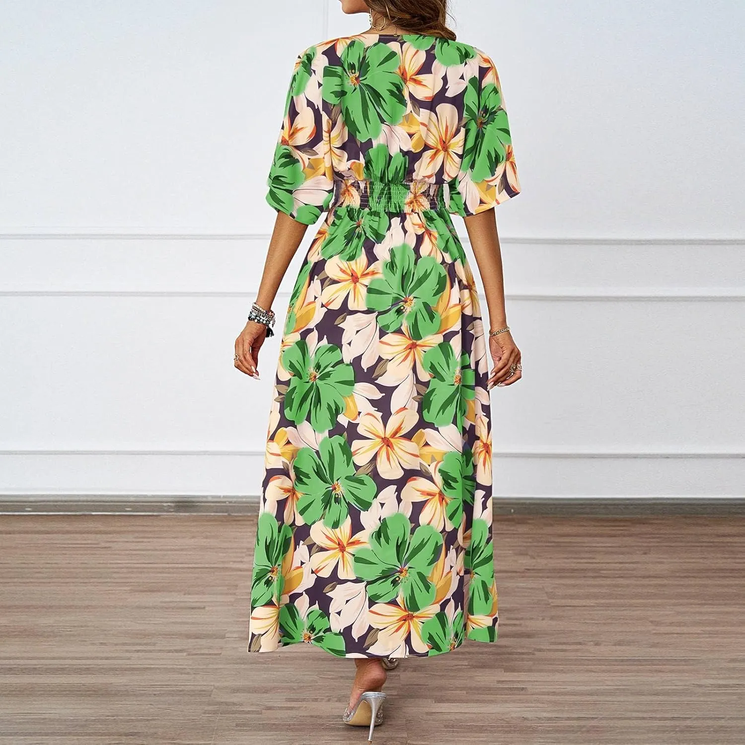 Women V Neck Summer Dress 2025 Long Sleeve Swiss Dot Boho Flowy Ruffle Slit Beach Party Long Maxi Ruffle Dresses