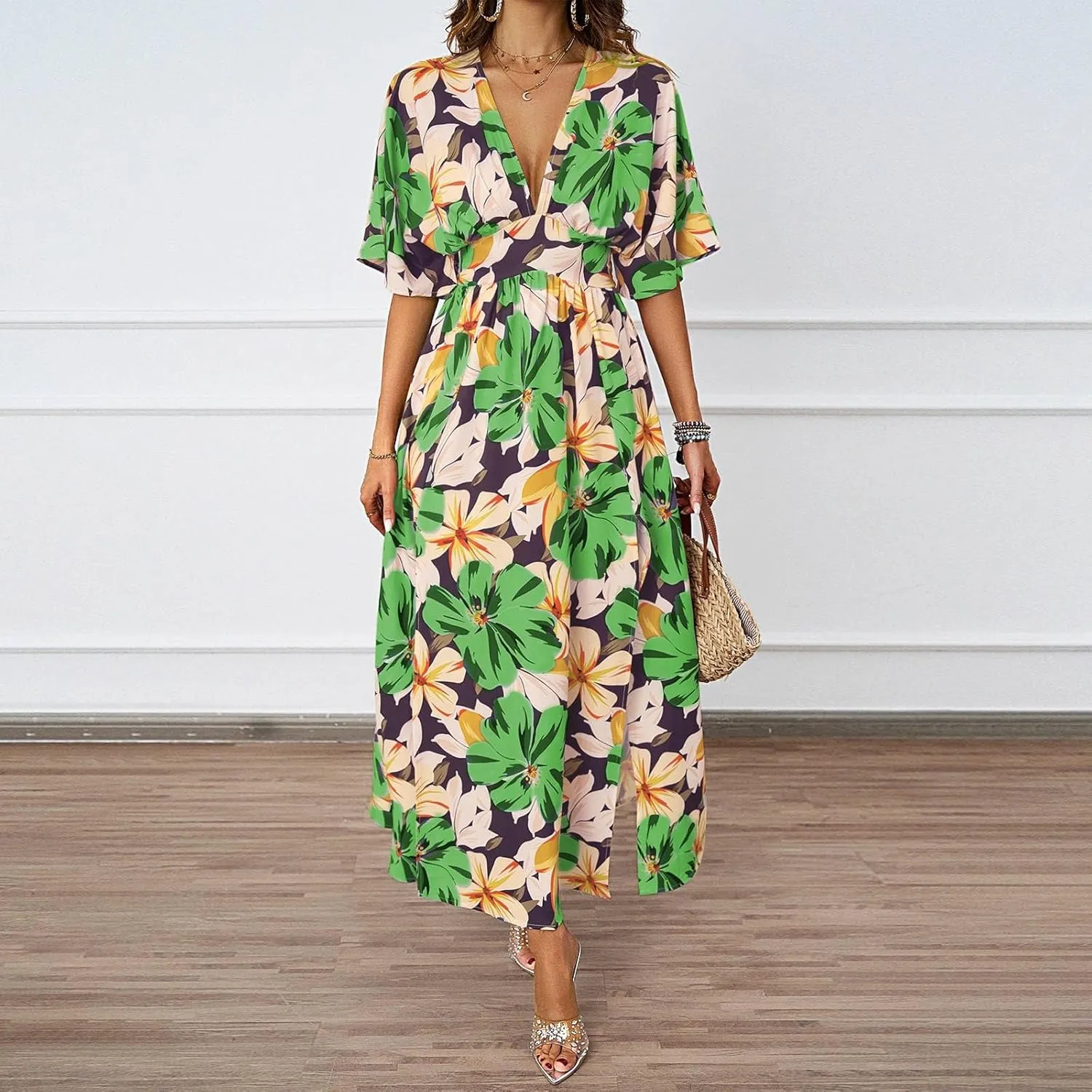 Women V Neck Summer Dress 2025 Long Sleeve Swiss Dot Boho Flowy Ruffle Slit Beach Party Long Maxi Ruffle Dresses