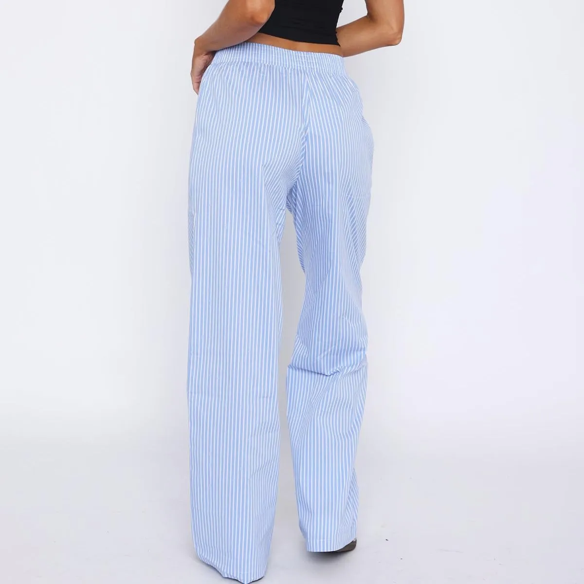 Women Wide Leg Striped Pants Elastic High Waist Y2K Lounge Boxers Pants Pajama Bottom Trousers with Pockets