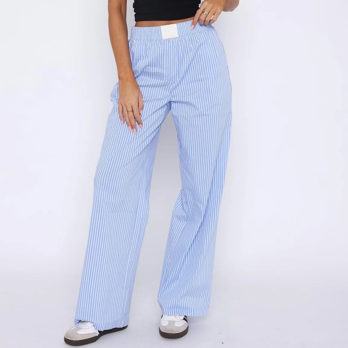 Women Wide Leg Striped Pants Elastic High Waist Y2K Lounge Boxers Pants Pajama Bottom Trousers with Pockets