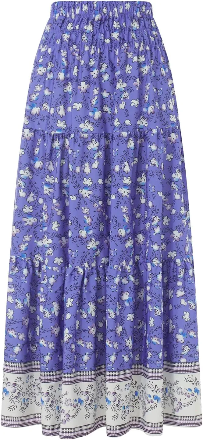 Women's 2024 Bohemian Long Skirts Elastic High Waist A Line Maxi Skirts Summer Casual Pleated Flowy Skirts
