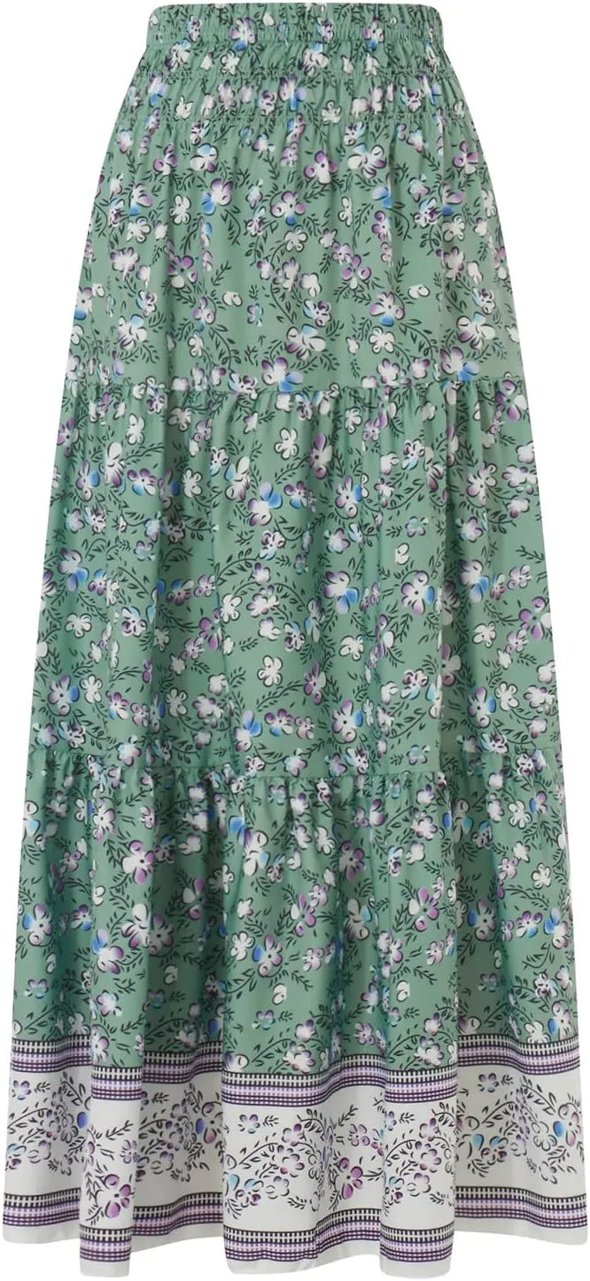 Women's 2024 Bohemian Long Skirts Elastic High Waist A Line Maxi Skirts Summer Casual Pleated Flowy Skirts