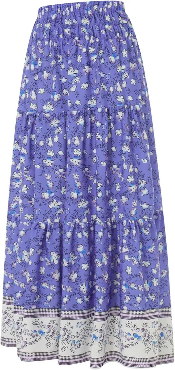 Women's 2024 Bohemian Long Skirts Elastic High Waist A Line Maxi Skirts Summer Casual Pleated Flowy Skirts