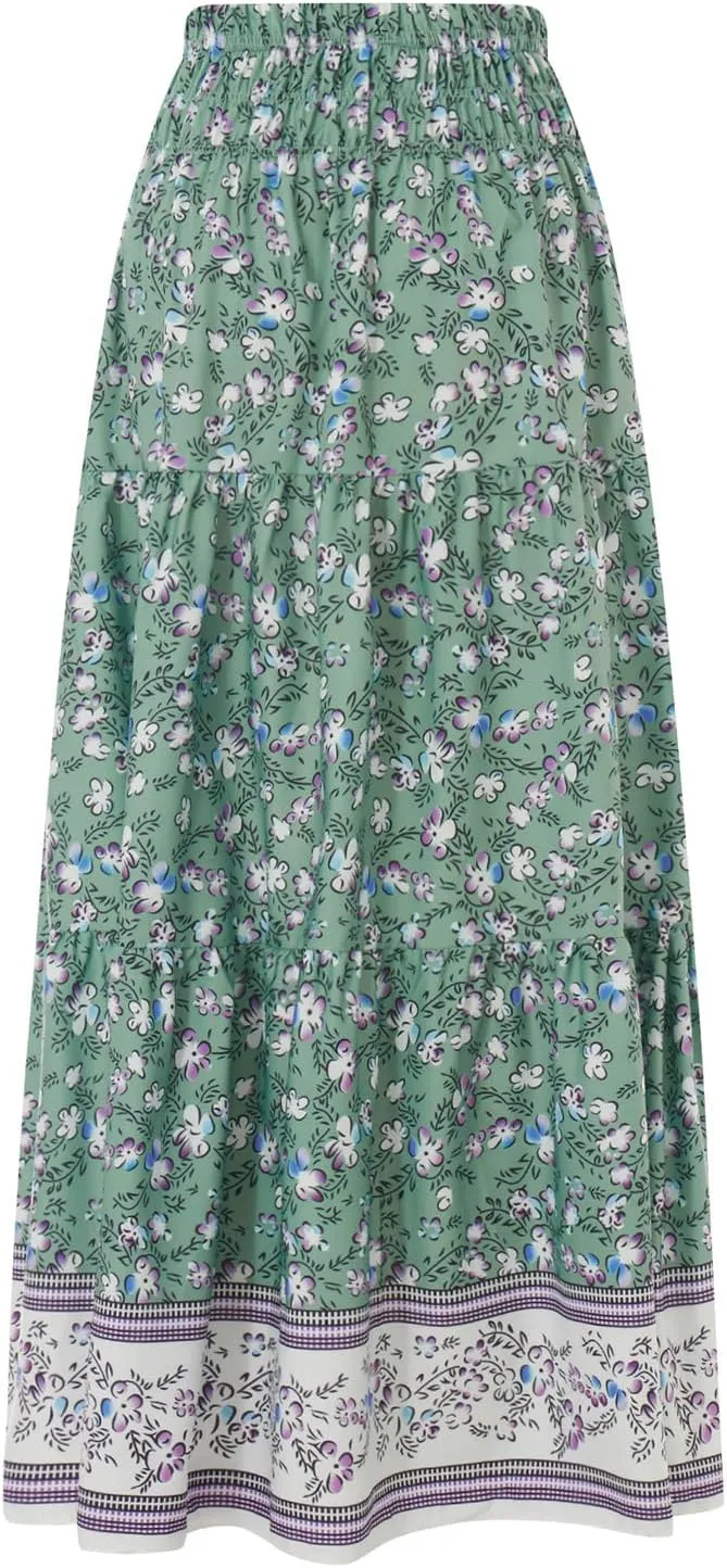 Women's 2024 Bohemian Long Skirts Elastic High Waist A Line Maxi Skirts Summer Casual Pleated Flowy Skirts