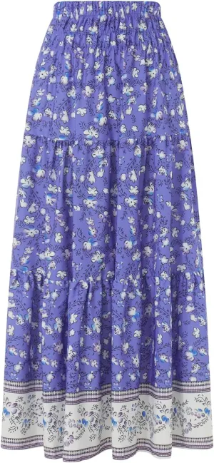 Women's 2024 Bohemian Long Skirts Elastic High Waist A Line Maxi Skirts Summer Casual Pleated Flowy Skirts