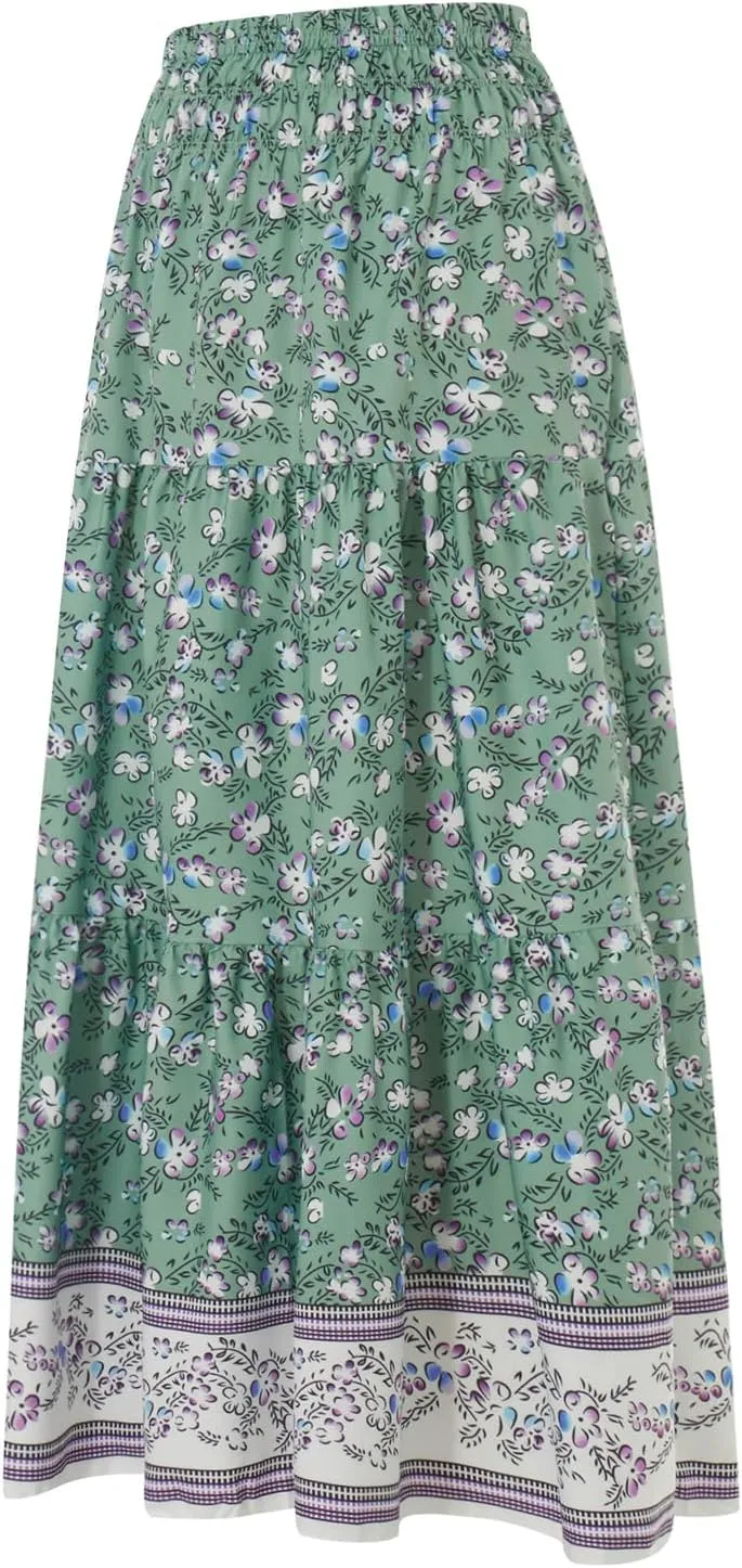 Women's 2024 Bohemian Long Skirts Elastic High Waist A Line Maxi Skirts Summer Casual Pleated Flowy Skirts