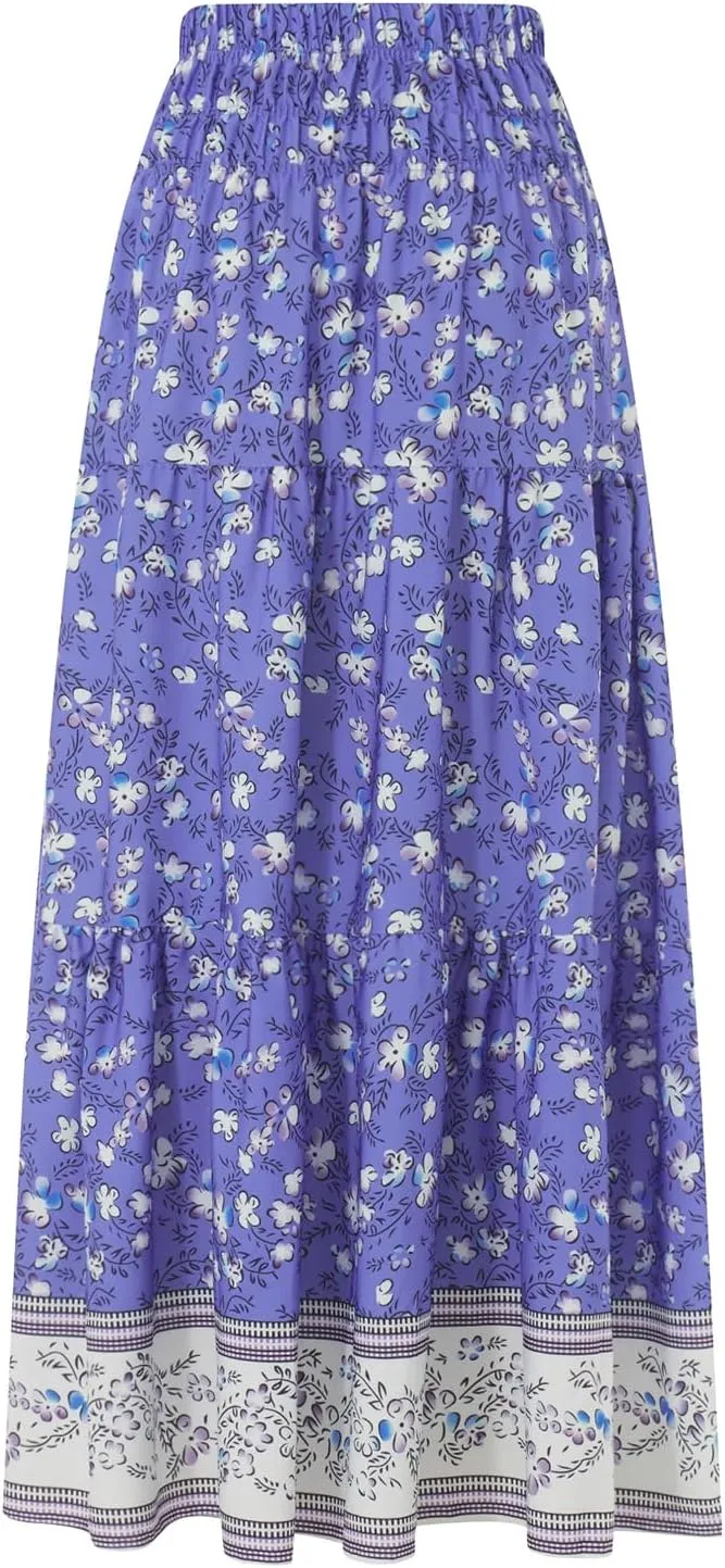 Women's 2024 Bohemian Long Skirts Elastic High Waist A Line Maxi Skirts Summer Casual Pleated Flowy Skirts