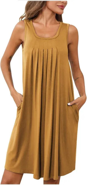 Women's 2024 Summer Casual Loose Beach Sleeveless Midi Sundress with Pockets Swing Solid Ruffle A-Line Dresses