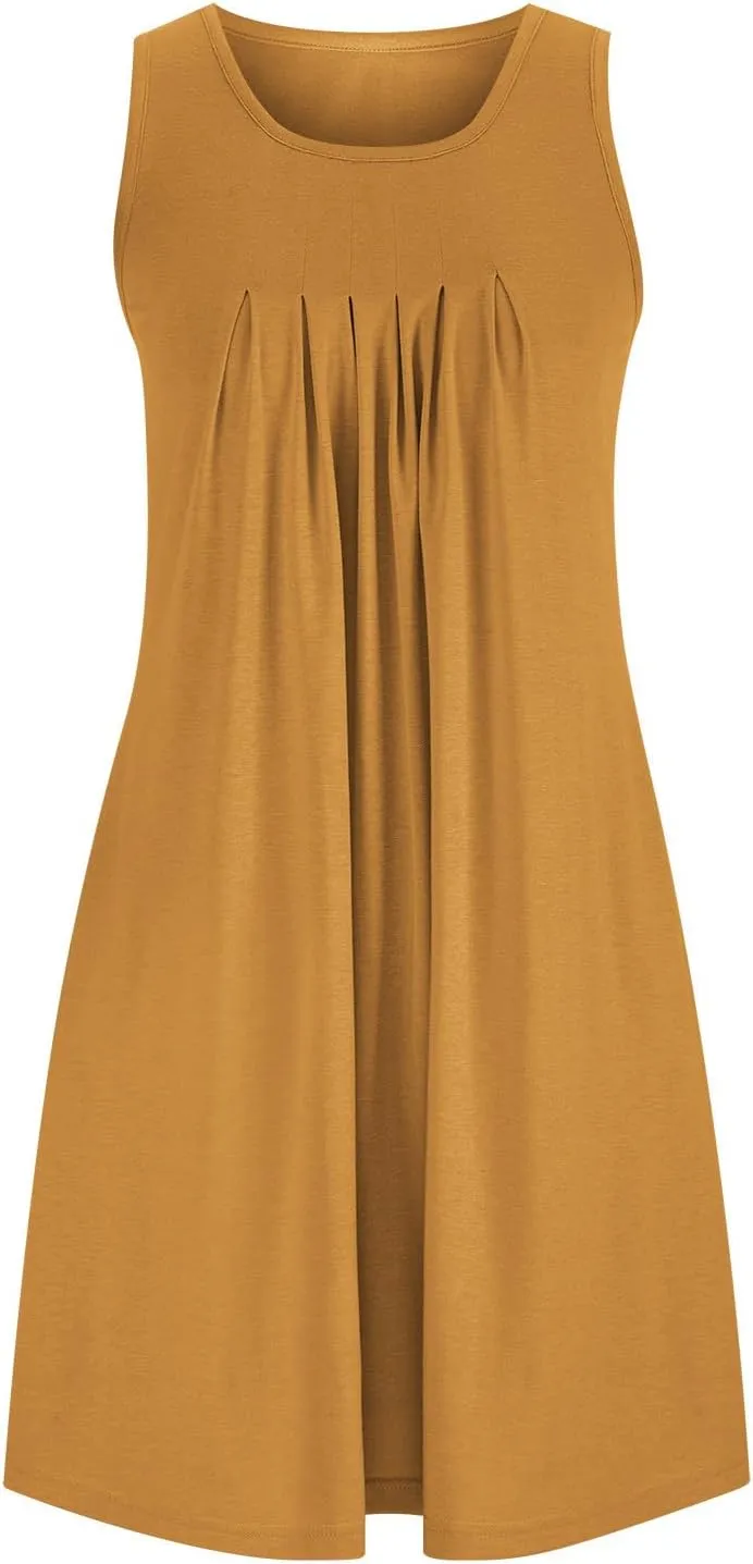 Women's 2024 Summer Casual Loose Beach Sleeveless Midi Sundress with Pockets Swing Solid Ruffle A-Line Dresses