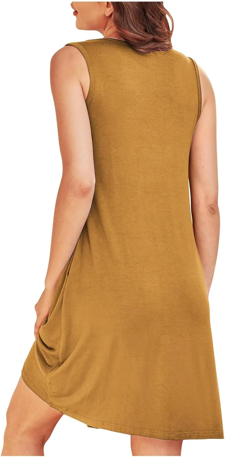 Women's 2024 Summer Casual Loose Beach Sleeveless Midi Sundress with Pockets Swing Solid Ruffle A-Line Dresses