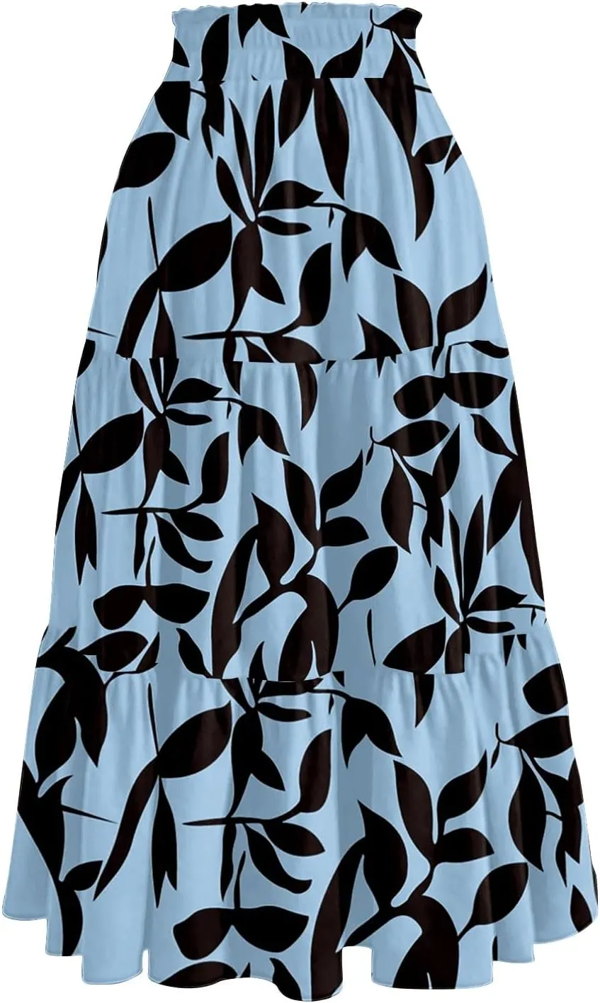 Women's 2025 Bohemian Summer Skirts High Waist Pleated A Line Flowy Midi Skirts with Pocket, S-2XL