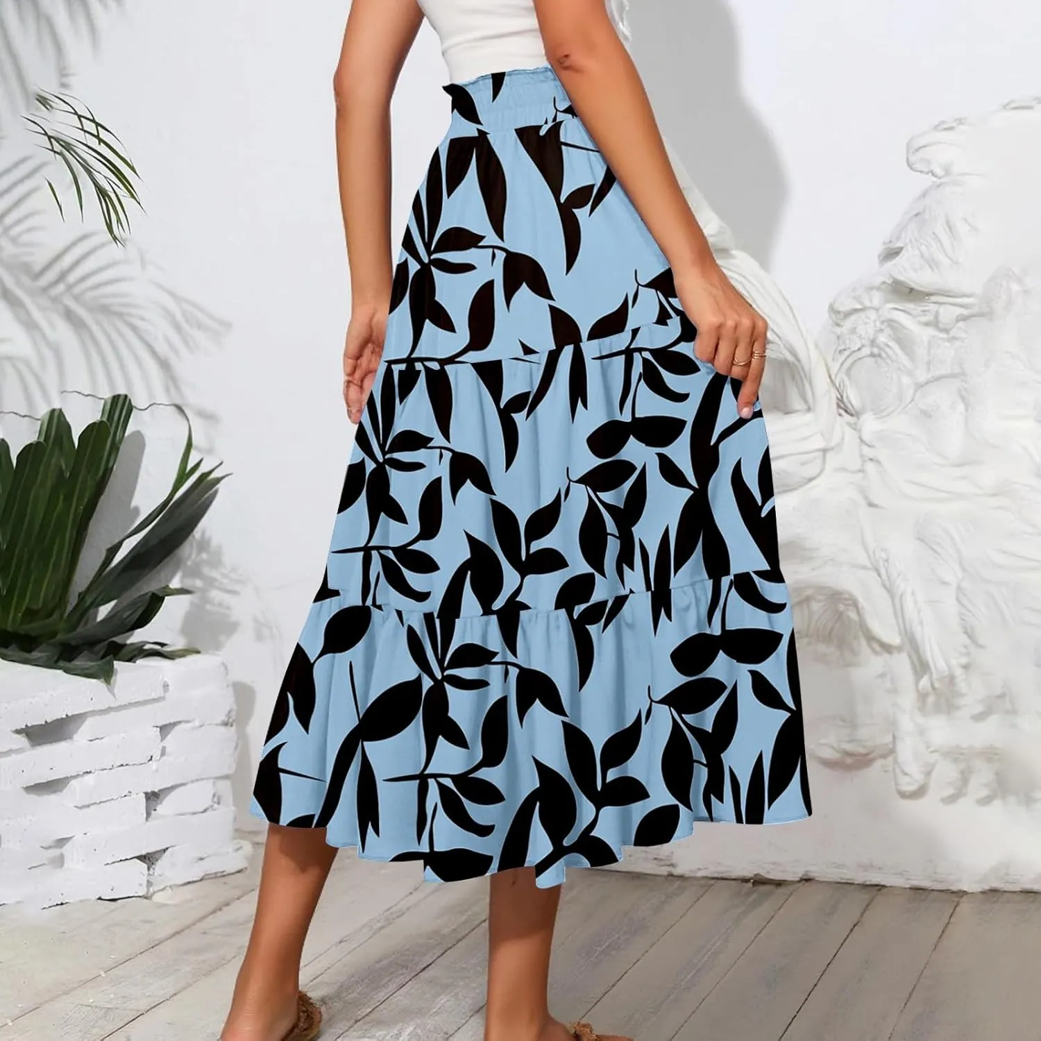 Women's 2025 Bohemian Summer Skirts High Waist Pleated A Line Flowy Midi Skirts with Pocket, S-2XL