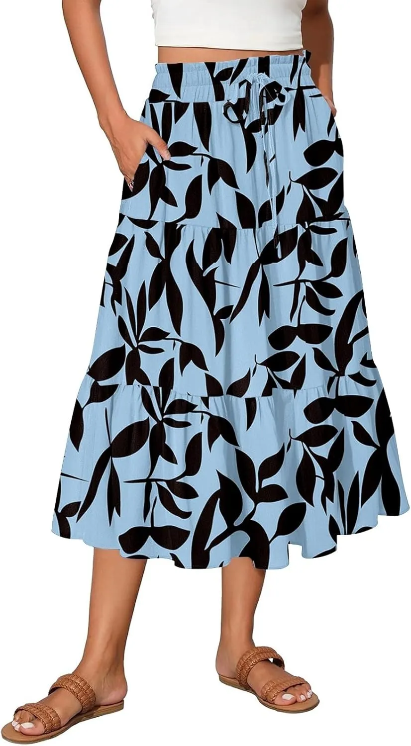 Women's 2025 Bohemian Summer Skirts High Waist Pleated A Line Flowy Midi Skirts with Pocket, S-2XL