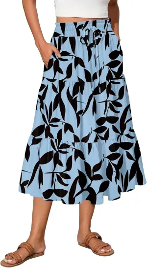 Women's 2025 Bohemian Summer Skirts High Waist Pleated A Line Flowy Midi Skirts with Pocket, S-2XL