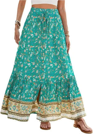 Women's 2025 Boho Skirt High Waist Floral Pleated Tiered Beach Flowy A Line Maxi Skirt, S-XL
