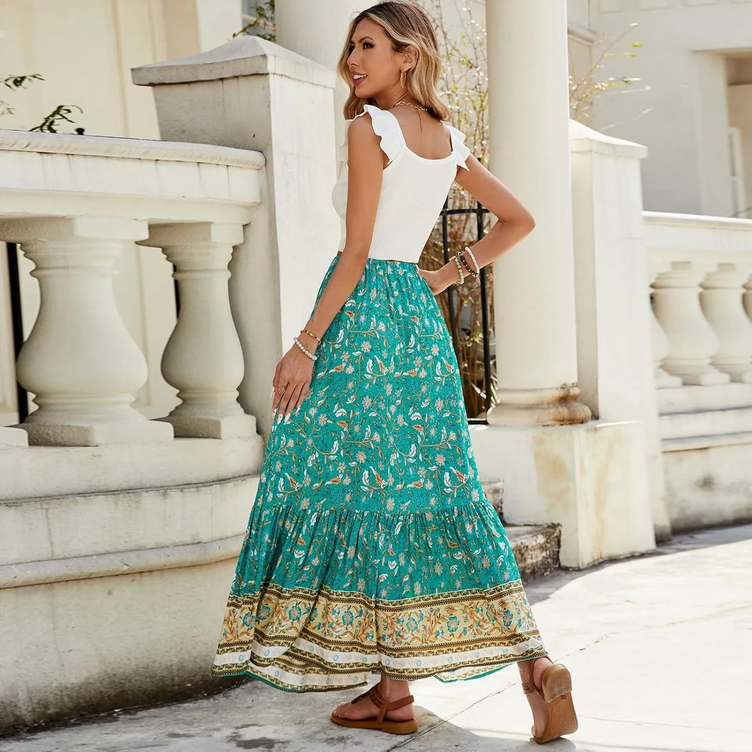 Women's 2025 Boho Skirt High Waist Floral Pleated Tiered Beach Flowy A Line Maxi Skirt, S-XL
