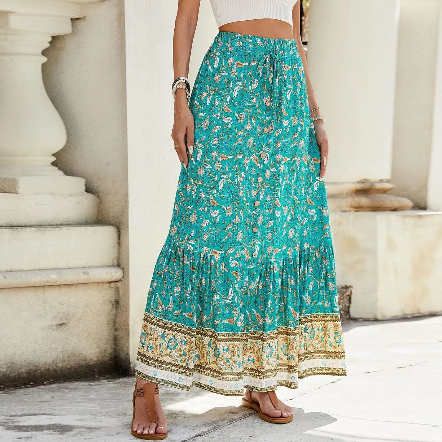 Women's 2025 Boho Skirt High Waist Floral Pleated Tiered Beach Flowy A Line Maxi Skirt, S-XL
