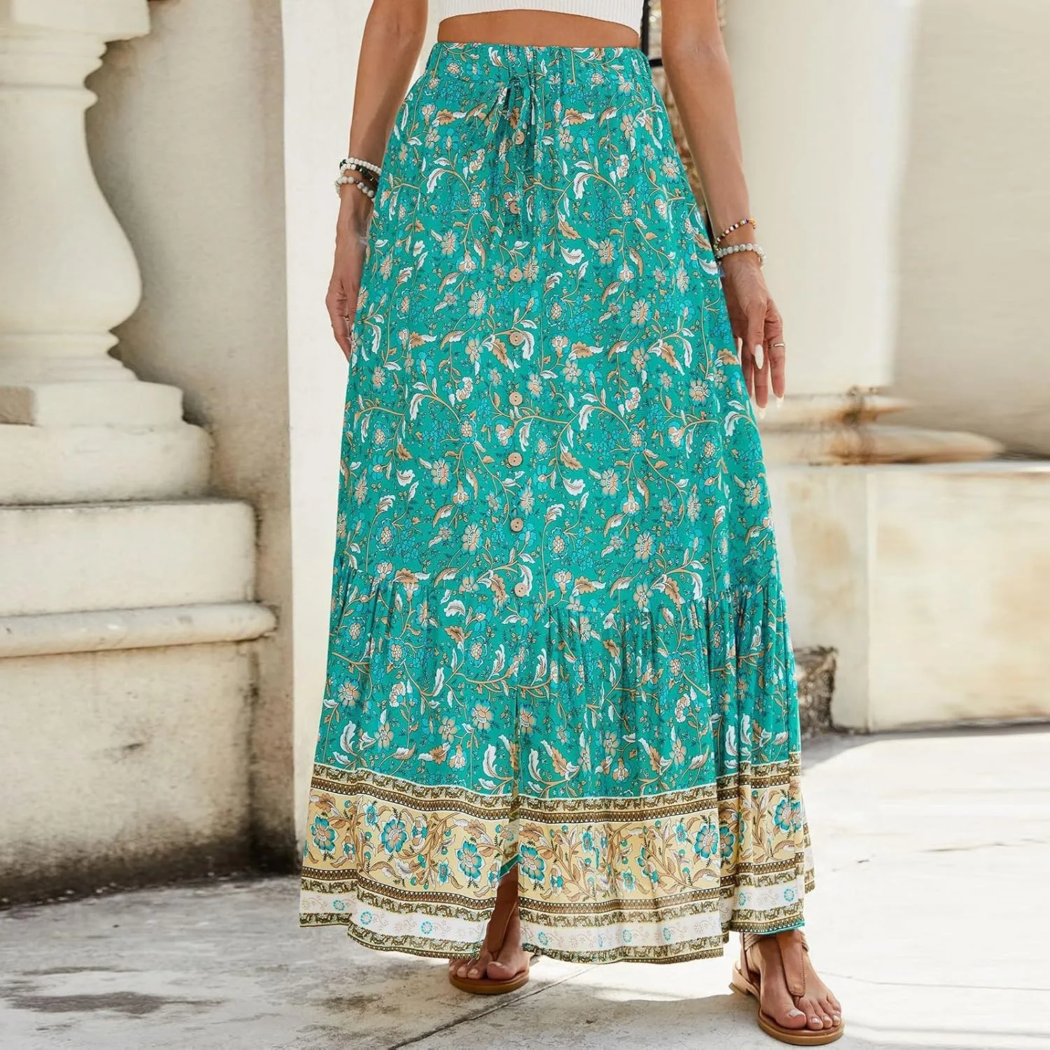 Women's 2025 Boho Skirt High Waist Floral Pleated Tiered Beach Flowy A Line Maxi Skirt, S-XL