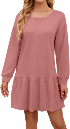 Womens 2025 Fall Long Sleeve Pullover Tops Crewneck Rib Knit Patchwork Sweatshirt Dress Ruffle Dress for Women