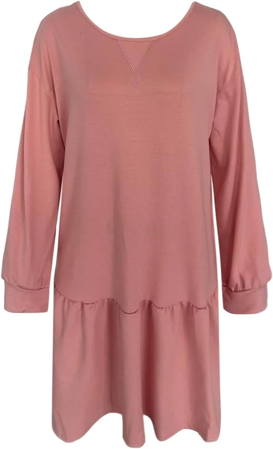 Womens 2025 Fall Long Sleeve Pullover Tops Crewneck Rib Knit Patchwork Sweatshirt Dress Ruffle Dress for Women