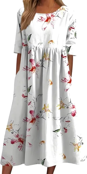 Women's 2025 Floral Summer Maxi Dress-Boho Casual Style with Pockets Ruffled Trim Beach Essentials