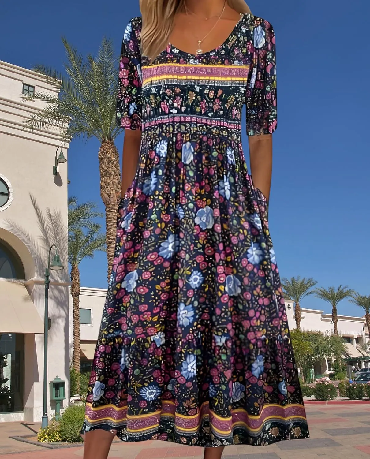 Women's 2025 Floral Summer Maxi Dress-Boho Casual Style with Pockets Ruffled Trim Beach Essentials