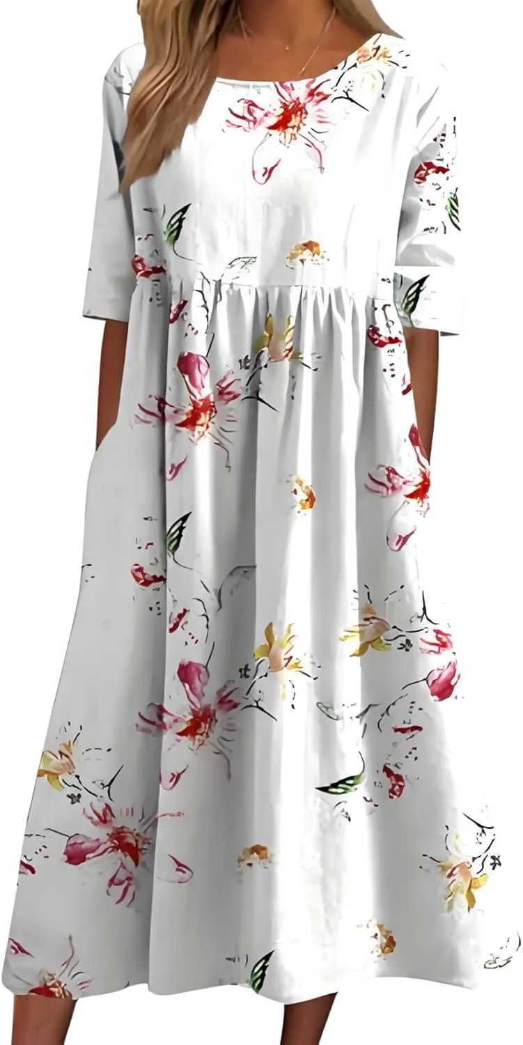 Women's 2025 Floral Summer Maxi Dress-Boho Casual Style with Pockets Ruffled Trim Beach Essentials