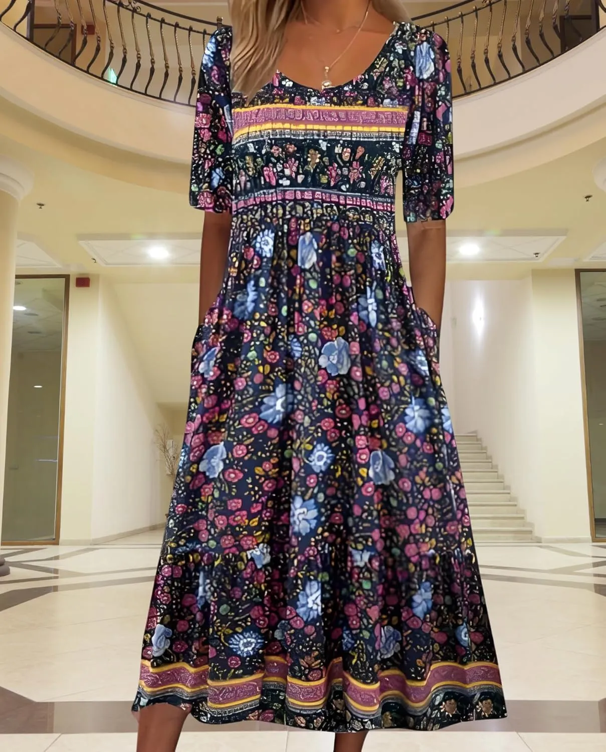 Women's 2025 Floral Summer Maxi Dress-Boho Casual Style with Pockets Ruffled Trim Beach Essentials