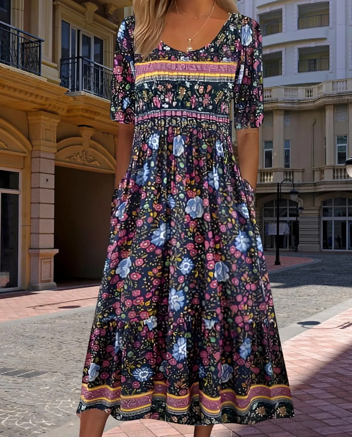 Women's 2025 Floral Summer Maxi Dress-Boho Casual Style with Pockets Ruffled Trim Beach Essentials