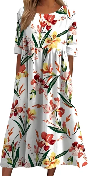 Women's 2025 Floral Summer Maxi Dress-Boho Casual Style with Pockets Ruffled Trim Beach Essentials