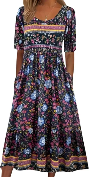Women's 2025 Floral Summer Maxi Dress-Boho Casual Style with Pockets Ruffled Trim Beach Essentials