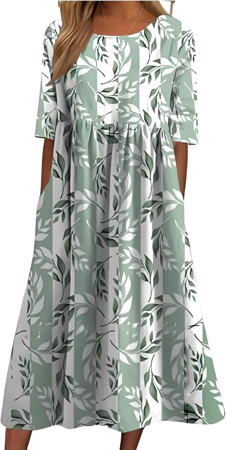 Women's 2025 Floral Summer Maxi Dress-Boho Casual Style with Pockets Ruffled Trim Beach Essentials