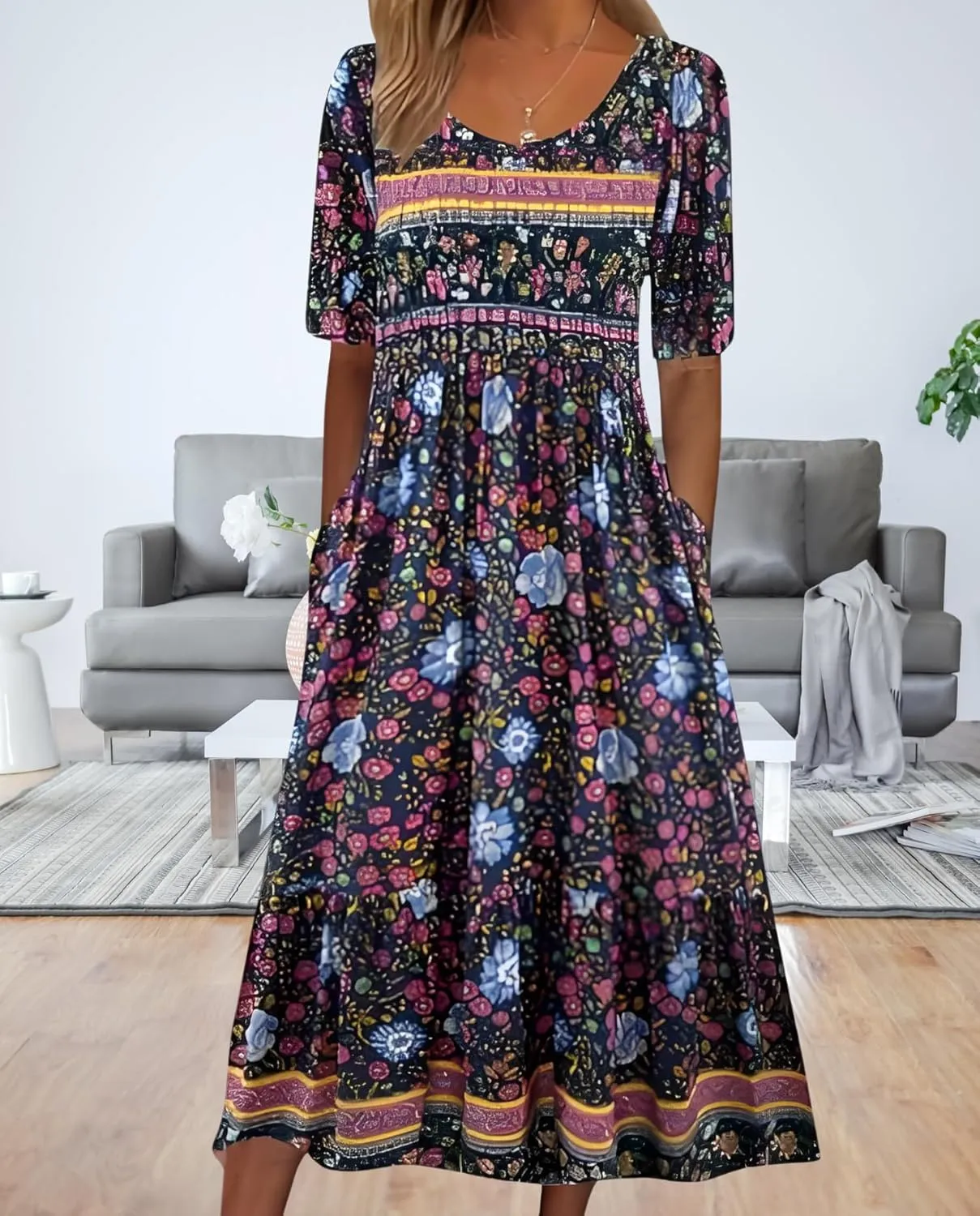Women's 2025 Floral Summer Maxi Dress-Boho Casual Style with Pockets Ruffled Trim Beach Essentials