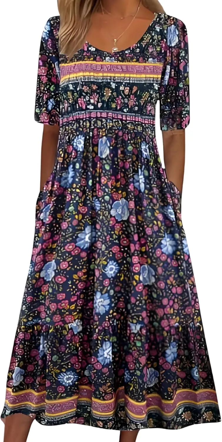 Women's 2025 Floral Summer Maxi Dress-Boho Casual Style with Pockets Ruffled Trim Beach Essentials