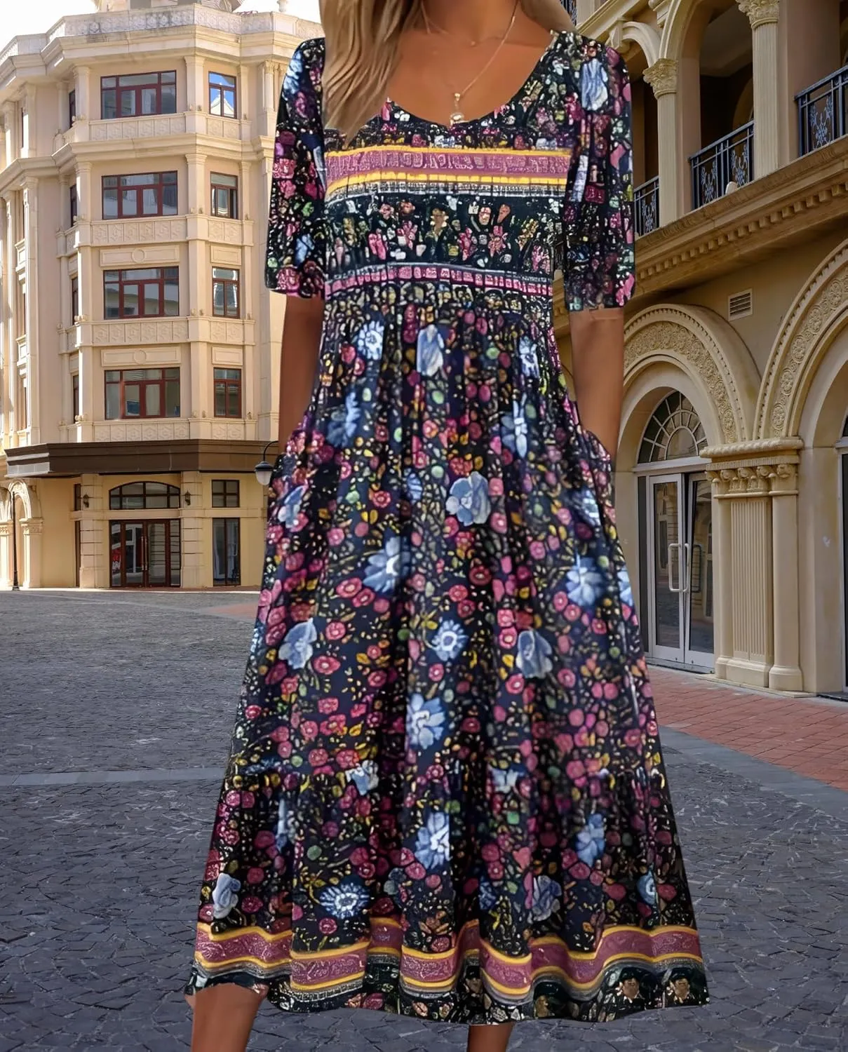 Women's 2025 Floral Summer Maxi Dress-Boho Casual Style with Pockets Ruffled Trim Beach Essentials