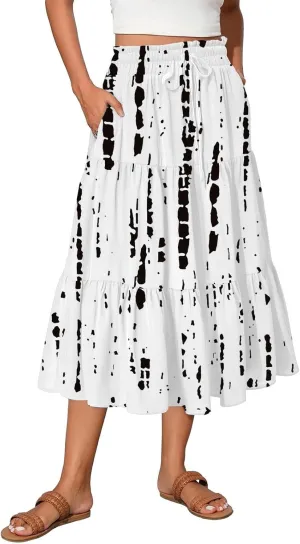 Women's 2025 Summer Bohemian Elastic Waist Gradient Flared A Line Midi Skirt with Pockets, S-2XL