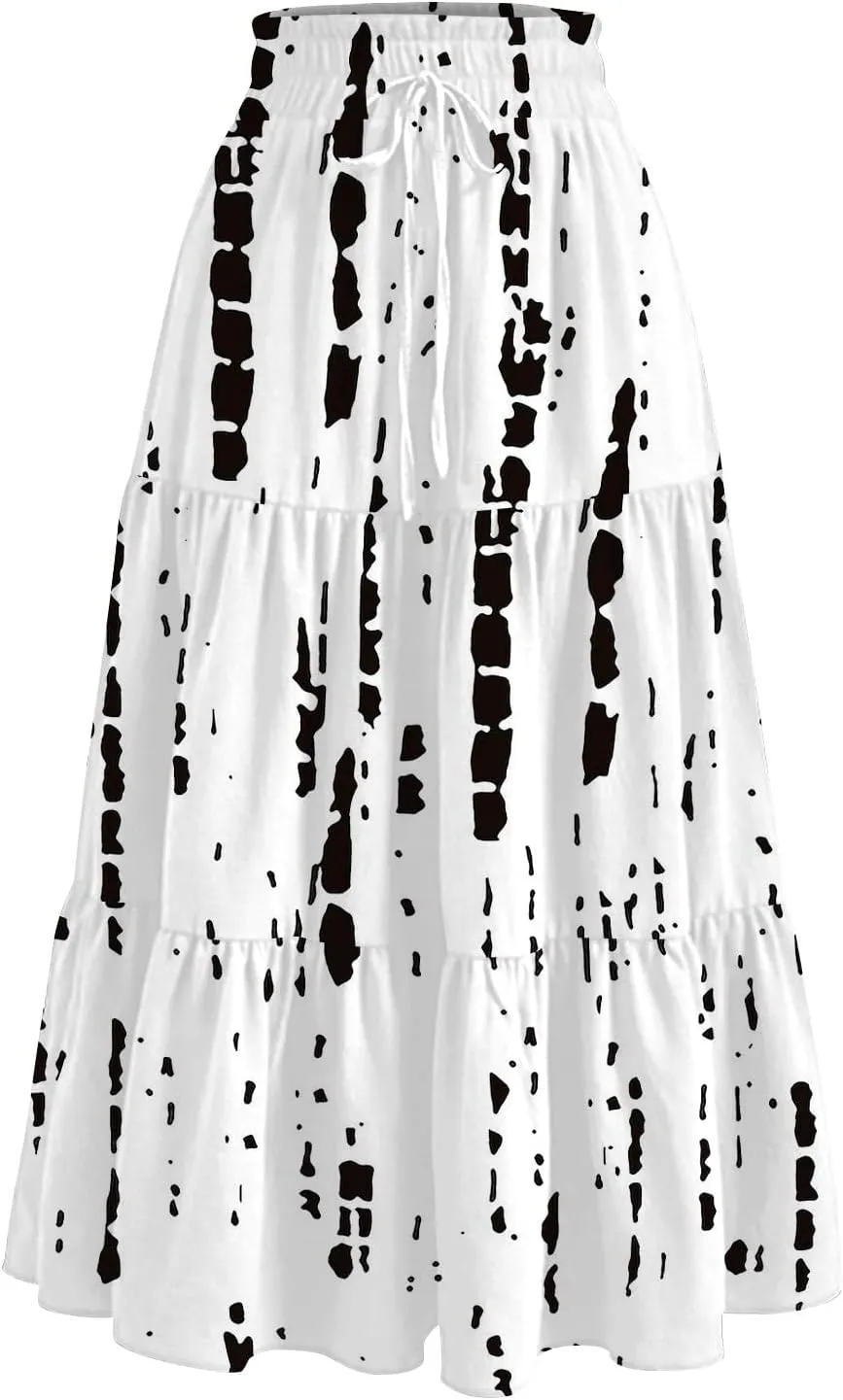 Women's 2025 Summer Bohemian Elastic Waist Gradient Flared A Line Midi Skirt with Pockets, S-2XL