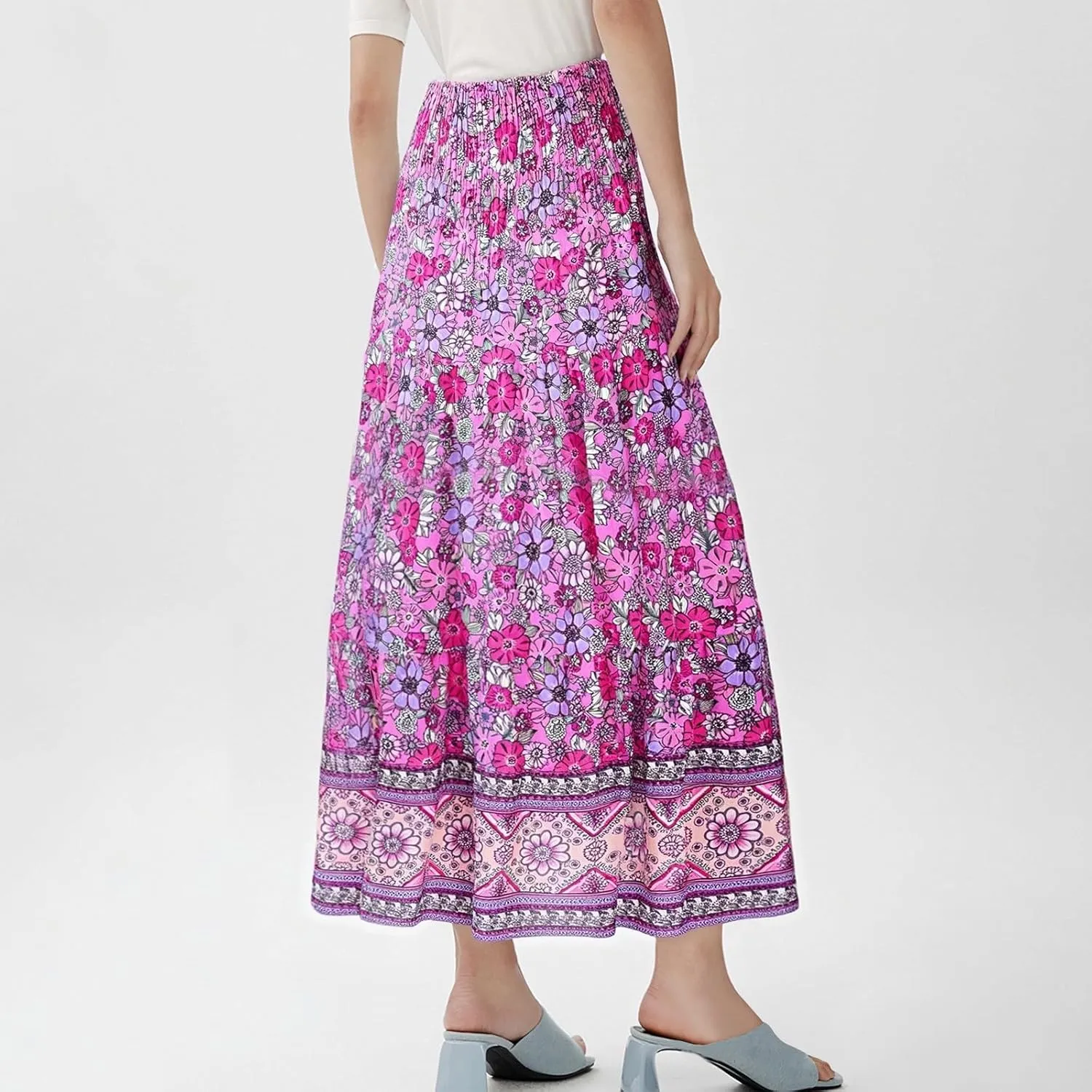 Women's 2025 Summer Bohemian Floral Printed Stretch Waist Tiered Pleated Swing Maxi Skirt with Pockets, S-2XL