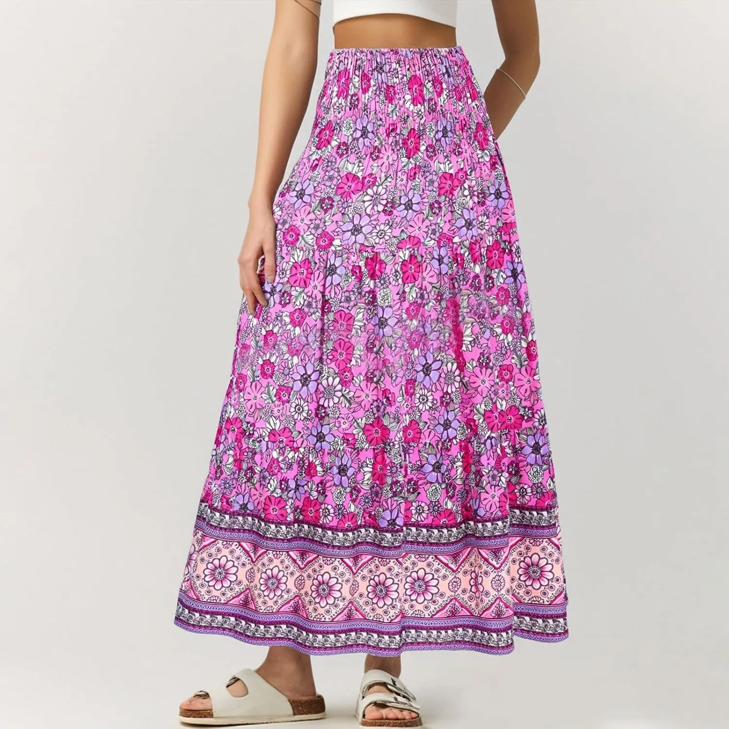 Women's 2025 Summer Bohemian Floral Printed Stretch Waist Tiered Pleated Swing Maxi Skirt with Pockets, S-2XL