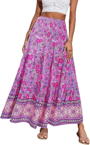 Women's 2025 Summer Bohemian Floral Printed Stretch Waist Tiered Pleated Swing Maxi Skirt with Pockets, S-2XL